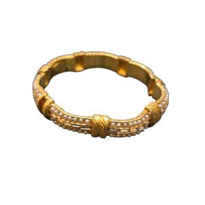 Vintage 80s Signed DeNicola Gilt Hinged Bangle Bracelet With Pearls & Rhinestone